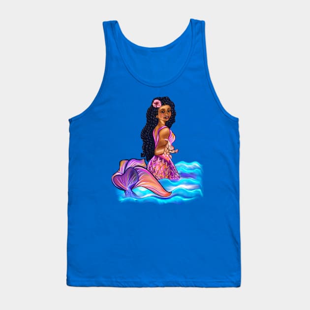 Mermaid  with rainbow coloured colored fins, hibiscus, outstretched  arm, brown eyes, Curly hair  and caramel brown skin - light background Tank Top by Artonmytee